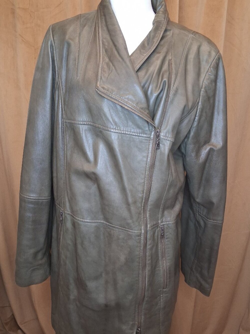 Green Asymmetrical Zip Leather Jacket, Size 2XL